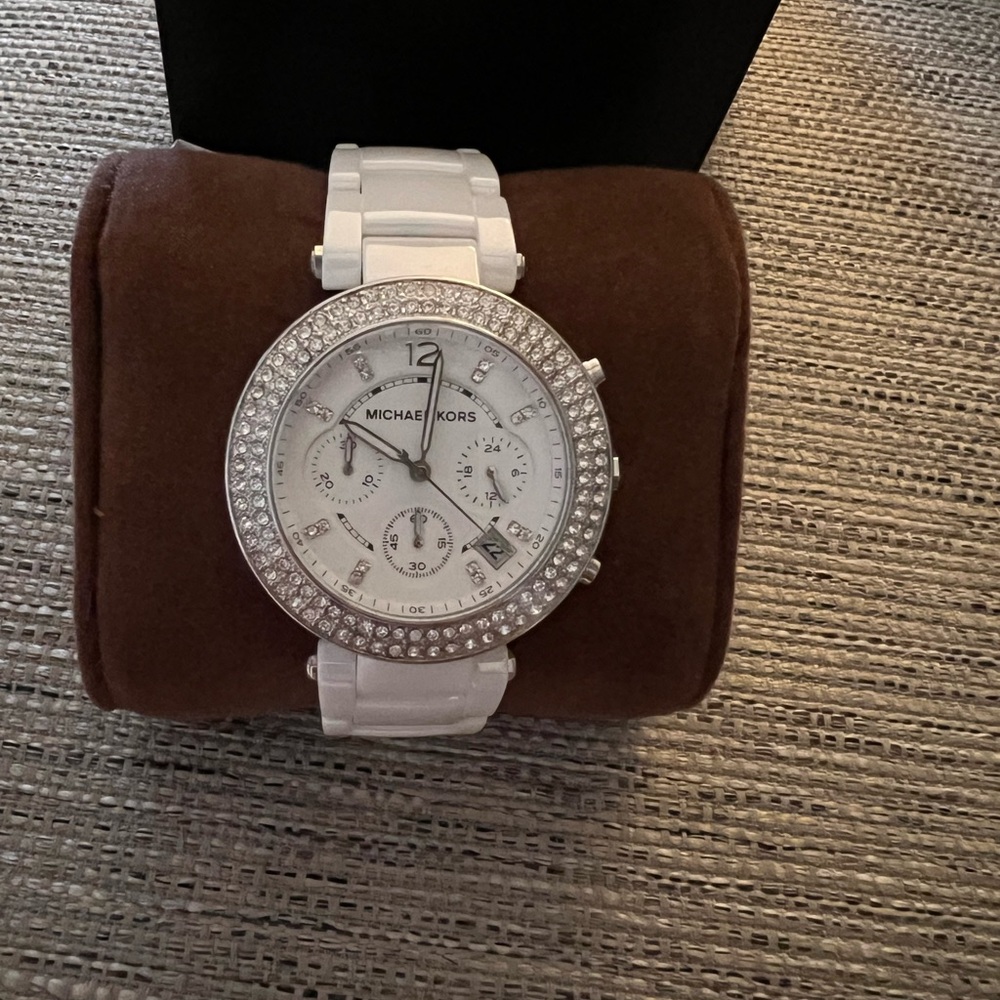 Michael Kors White and Silver Crystal-Embellished Watch “ceramic”